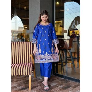 2 Pcs Women's Stitched Cotton Embroidered Shirt And Trouser Blue 2