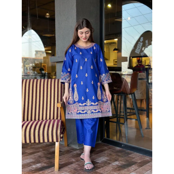 2 Pcs Women's Stitched Cotton Embroidered Shirt And Trouser Blue 2