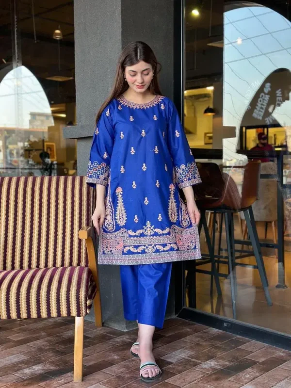 2 Pcs Women's Stitched Cotton Embroidered Shirt And Trouser Blue 2