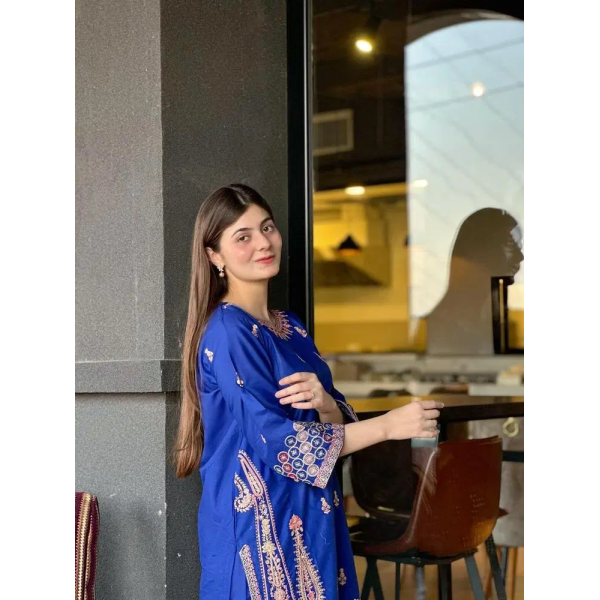 2 Pcs Women's Stitched Cotton Embroidered Shirt And Trouser Blue 3