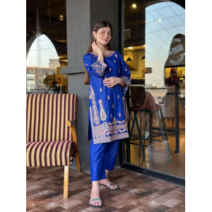 2 Pcs Women's Stitched Cotton Embroidered Shirt And Trouser Blue