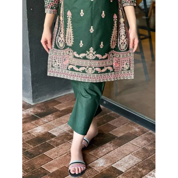 2 Pcs Women's Stitched Cotton Embroidered Shirt And Trouser Green 3