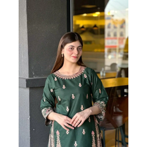 2 Pcs Women's Stitched Cotton Embroidered Shirt And Trouser Green