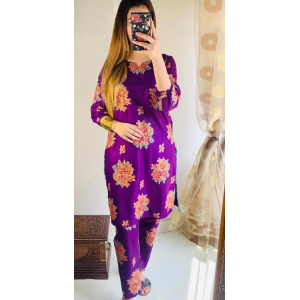 2 Pcs Women's Stitched Linen Printed Shirt And Trouser Purple