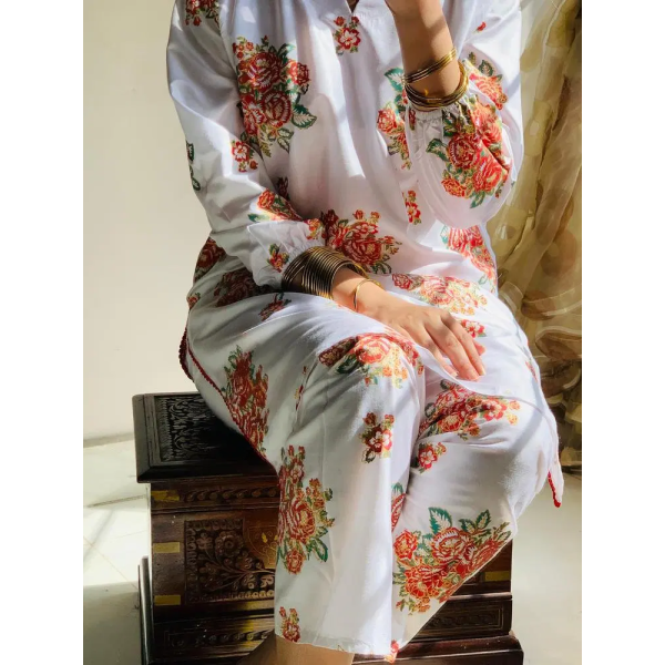 2 Pcs Women's Stitched Linen Printed Shirt And Trouser White 3