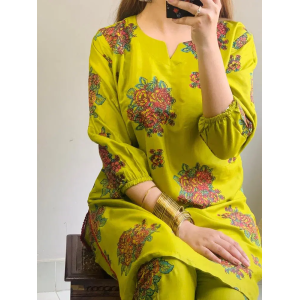 2 Pcs Women's Stitched Linen Printed Shirt And Trouser light Green 2