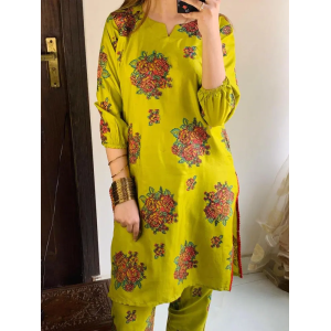 2 Pcs Women's Stitched Linen Printed Shirt And Trouser light Green