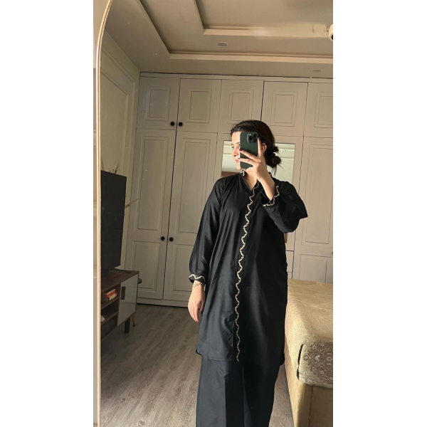 2 Piece Women’s Stitched Arabic Linen Plain Black 3