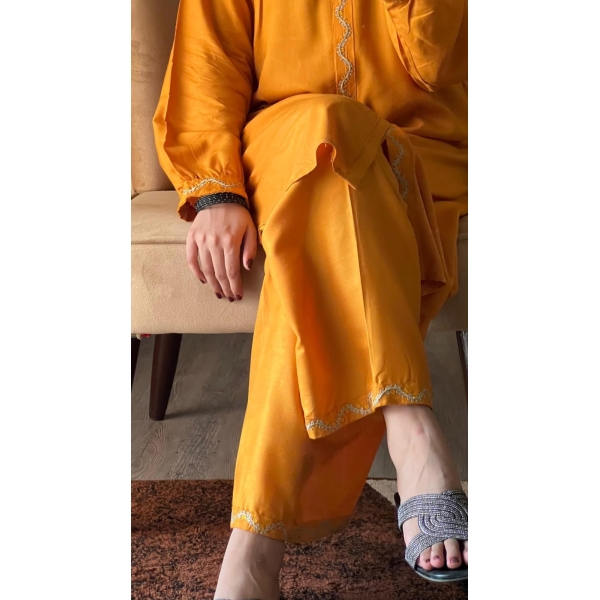 2 Piece Women’s Stitched Arabic Linen Plain Yellow Color 3