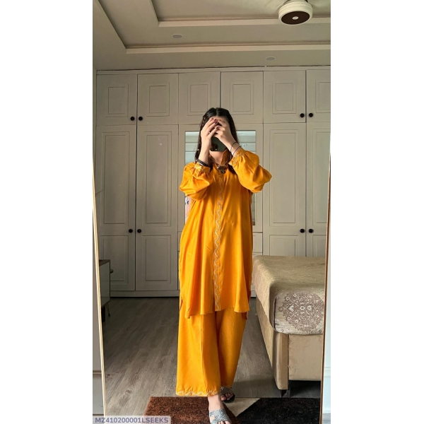 2 Piece Women’s Stitched Arabic Linen Plain Yellow Color