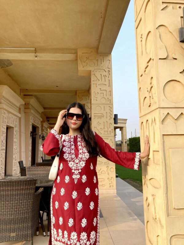 2 Piece Women’s Stitched Linen Chikankari Embroidered Red 2