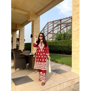 2 Piece Women’s Stitched Linen Chikankari Embroidered Red