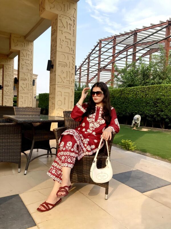 2 Piece Women’s Stitched Linen Chikankari Embroidered Red 3