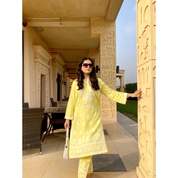 2 Piece Women's Stitched Linen Chikankari Embroidered Yellow