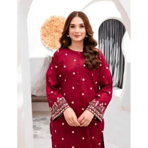 2 Pcs Women's Unstitched Red Embroidered Suit