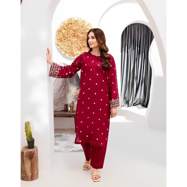 2 Pcs Women's Unstitched Red Embroidered Suit