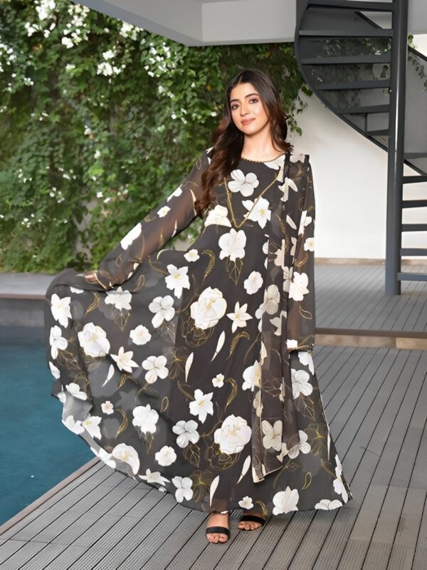 3 Pcs Printed Doria chiffon Unstitched Suit, KOK-3